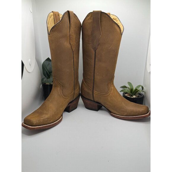 McAllen Women's Leather Western Cowboy Boots Tan Square Toe - Picture 2 of 14